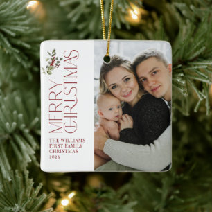 First Christmas as a Family Berry Watercolor Photo Ceramic Ornament