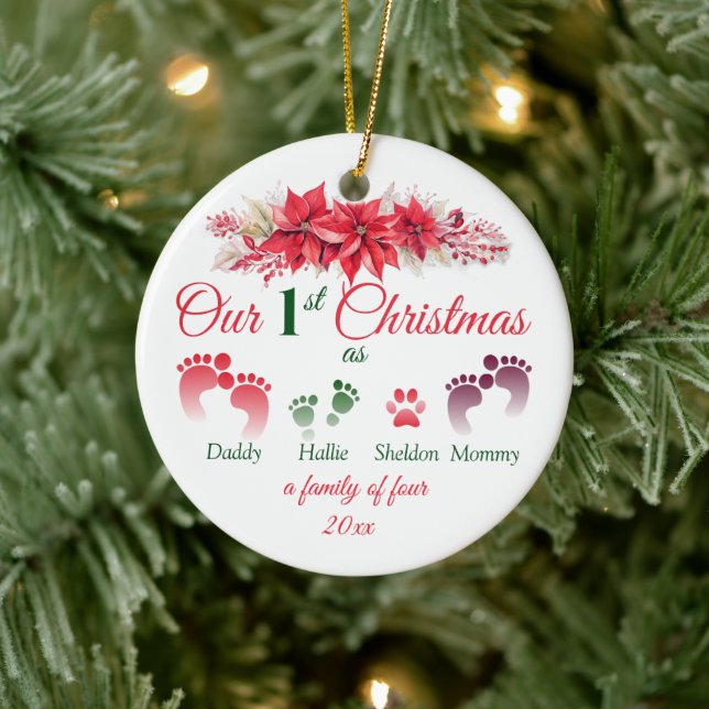 First Christmas As A Family Of 4 Poinsettia Ceramic Tree Decoration (Tree)