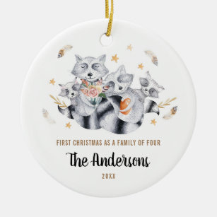 First Christmas As A Family of Four 4 Raccoons Ceramic Tree Decoration