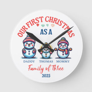 First Christmas As A Family of Three Cute Snowmen Round Clock