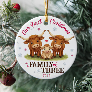 First Christmas as a Family of Three Longhorn Cows Ceramic Tree Decoration