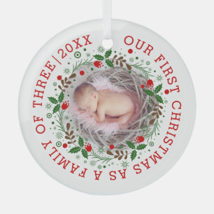 First Christmas as a family of three wreath photo Glass Tree Decoration