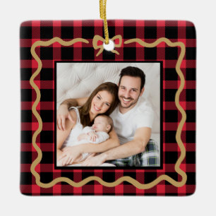 First Christmas as a Family Red Buffalo Plaid Ceramic Ornament