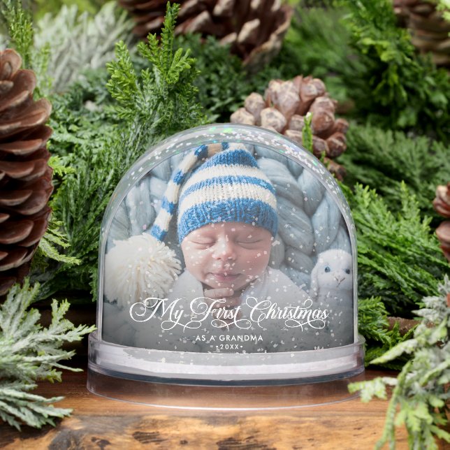 First Christmas As A Grandma Calligraphy 2-Photo Snowglobe (Winter)