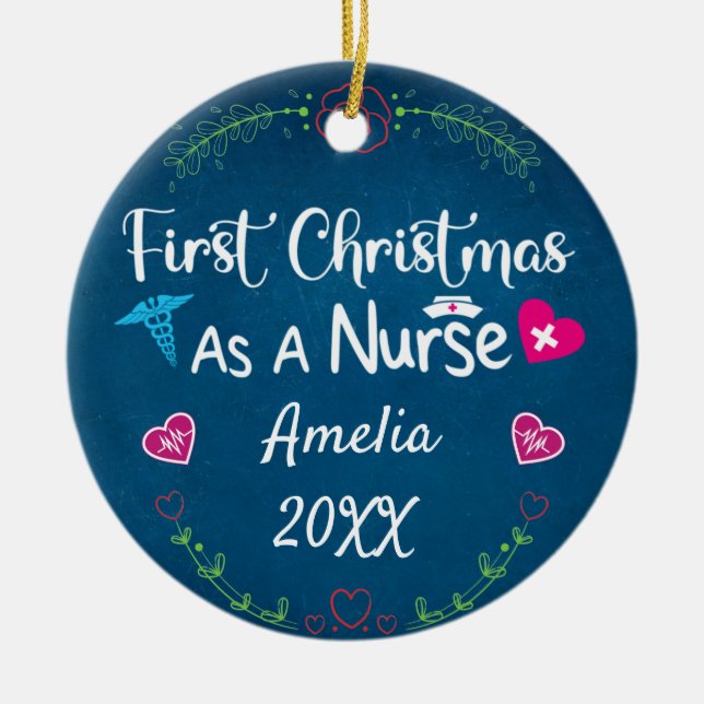 First Christmas as a Nurse 2023, Personalised name Ceramic Tree Decoration (Front)