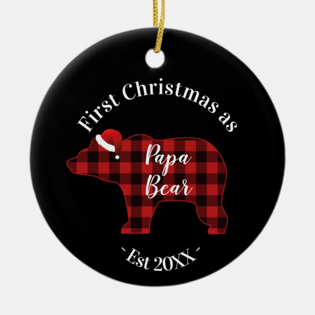 First Christmas as a Papa Bear Buffalo Plaid Ceramic Tree Decoration (Front)