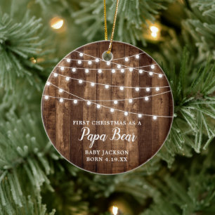 First Christmas As A Papa Bear Personalised Rustic Ceramic Tree Decoration