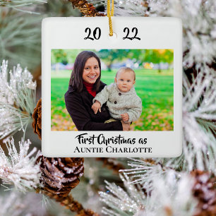 First Christmas As Aunt Black and White Simple Ceramic Ornament