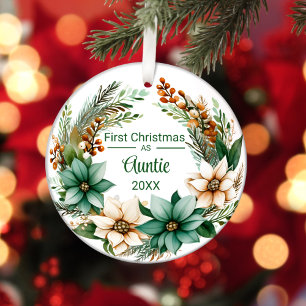 First Christmas as Auntie White Green Poinsettias Ceramic Tree Decoration