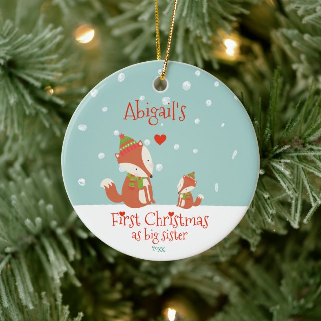 First Christmas as Big Sister, Cute Woodland Foxes Ceramic Tree Decoration (Tree)