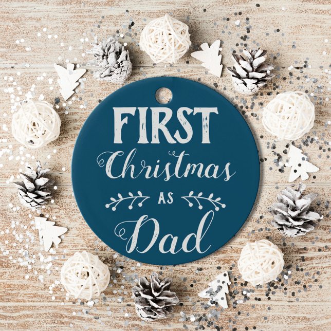 First Christmas as Dad blue with baby's photo Ceramic Tree Decoration (Creator Uploaded)