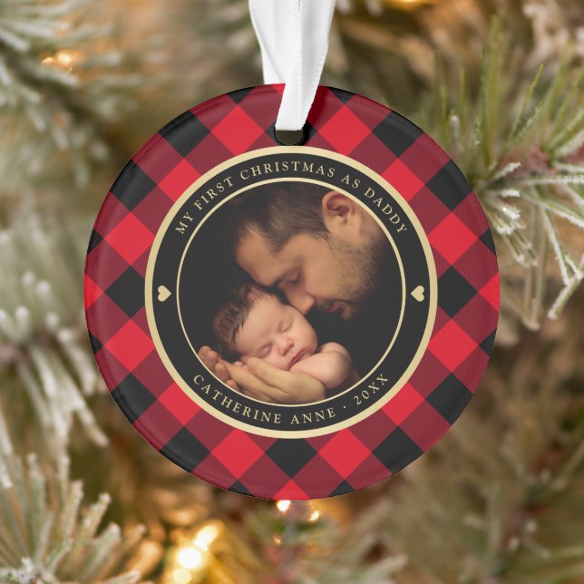 First Christmas as Dad Rustic Red Plaid Photo Ornament (Tree)