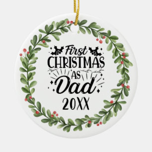 First Christmas as Dad Watercolor Wreath Ceramic Tree Decoration