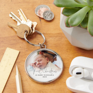 First Christmas As Daddy Name Photo Overlay Key Ring