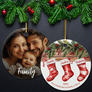 First Christmas as Family Name Stocking Photo  Ceramic Tree Decoration
