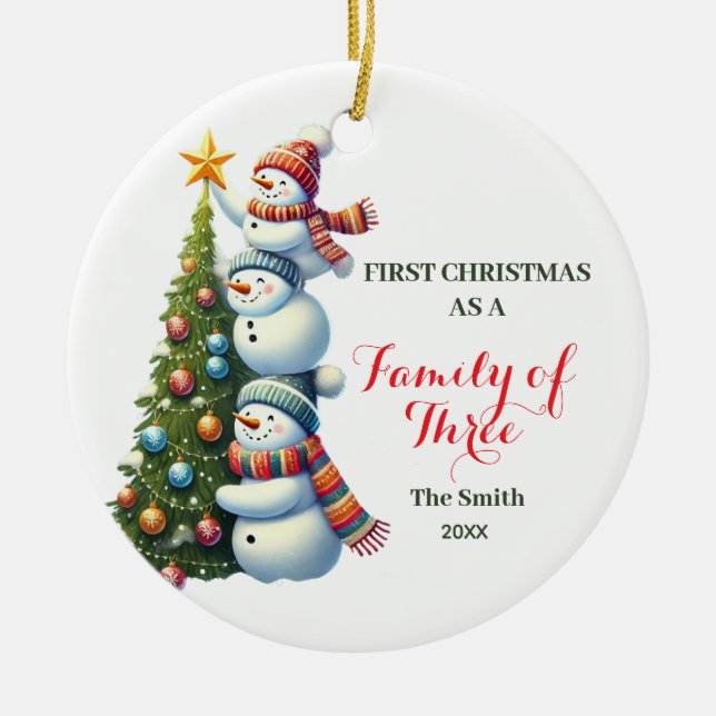 First Christmas as Family of 3 Christmas Snowman Ceramic Tree Decoration (Front)