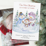 First Christmas as Family of 3 Merry Snowmen Baby Announcement<br><div class="desc">Photo Christmas card announcing birth of new baby. The wording reads "Our First Christmas as a family of three!" (which you can edit to family of four, five, six as appropriate), followed by your personalised christmas greeting. This watercolor design features 3 cute snowmen with a backdrop of christmas trees. The...</div>