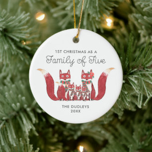 First Christmas as Family of 5 Personalised Foxes Ceramic Tree Decoration