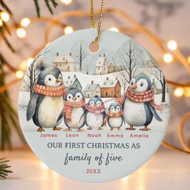 First Christmas as Family of Five penguins Custom Ceramic Tree Decoration (Creator Uploaded)