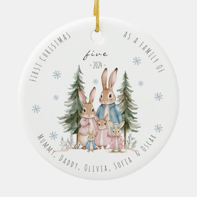 First Christmas As Family of Five Rabbit Ceramic Tree Decoration (Back)