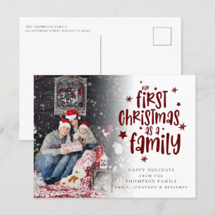 First Christmas As Family Photo Burgundy Text Holiday Postcard