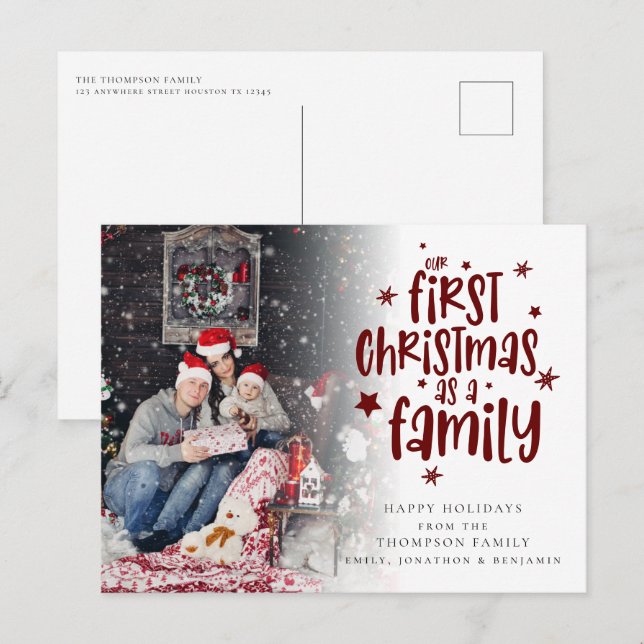 First Christmas As Family Photo Burgundy Text Holiday Postcard (Front/Back)