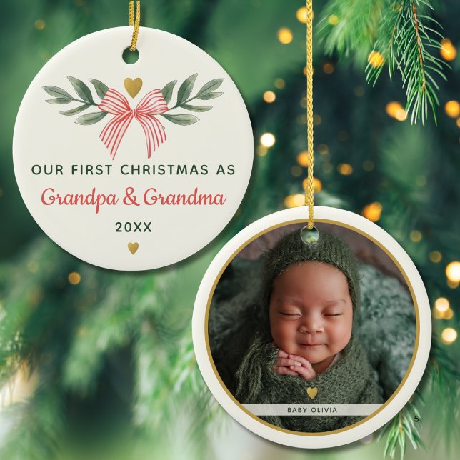 First Christmas As Grandma Grandpa Baby Photo Name Ceramic Tree Decoration (Creator Uploaded)