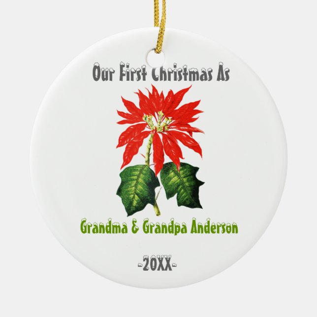 First Christmas As Grandma Grandpa Poinsettia Ceramic Tree Decoration (Front)