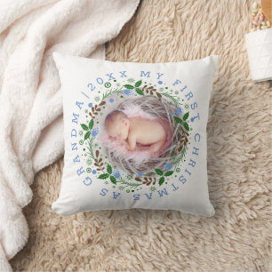 First Christmas as grandma of a boy wreath blue Cushion