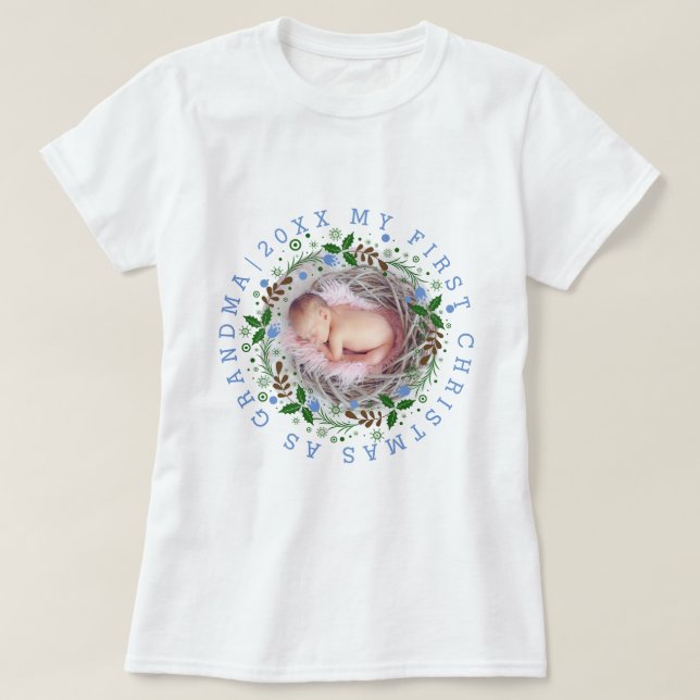 First Christmas as grandma of a boy wreath blue T-Shirt (Design Front)