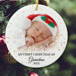 First Christmas As Grandma Photo  Ceramic Ornament<br><div class="desc">This cute Grandma Christmas Ornament is decorated with gold stars on a white background.
Easily customisable with baby's photo and year.
Please note that the small white stars are not included in the design.</div>