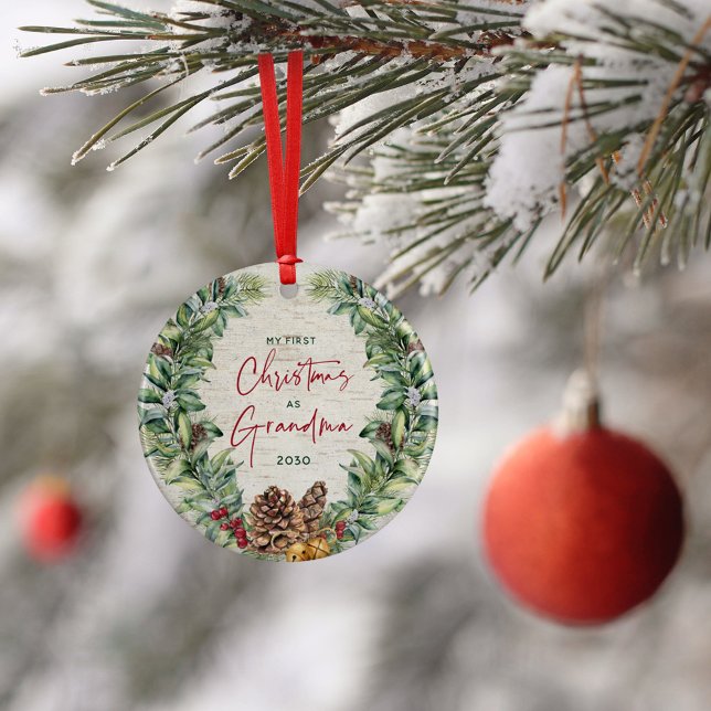 First Christmas as Grandma Pine Wreath Birch Photo Ceramic Tree Decoration (Creator Uploaded)