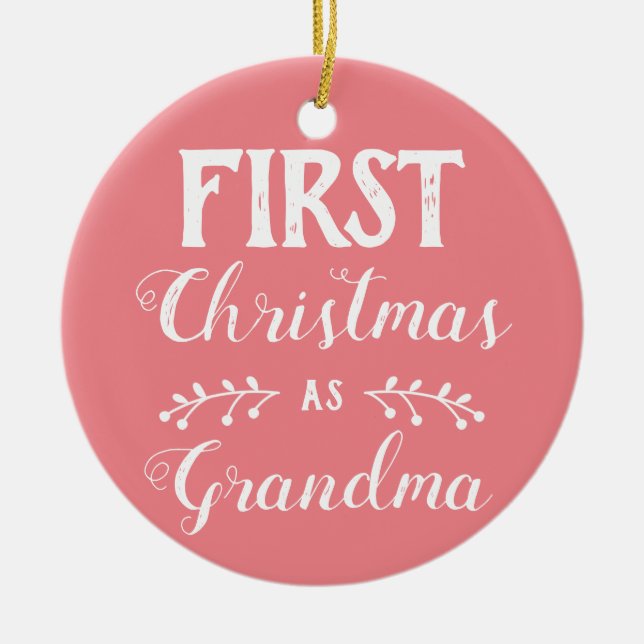 First Christmas as Grandma pink with baby's photo Ceramic Tree Decoration (Front)
