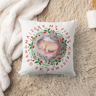 First Christmas as grandma wreath red Cushion