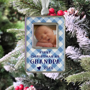 First Christmas As Grandpa Baby Photo Blue Gingham Silver Plated Framed Ornament
