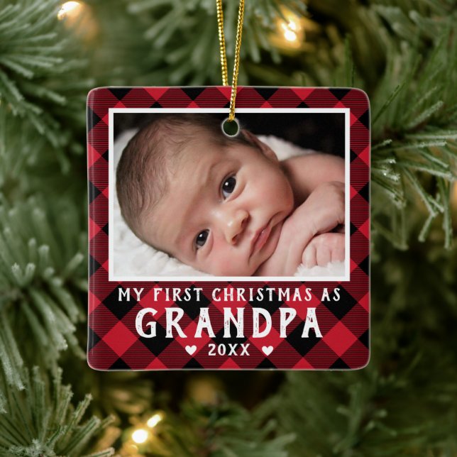 First Christmas as Grandpa Baby Photo Plaid Ceramic Ornament (Tree)