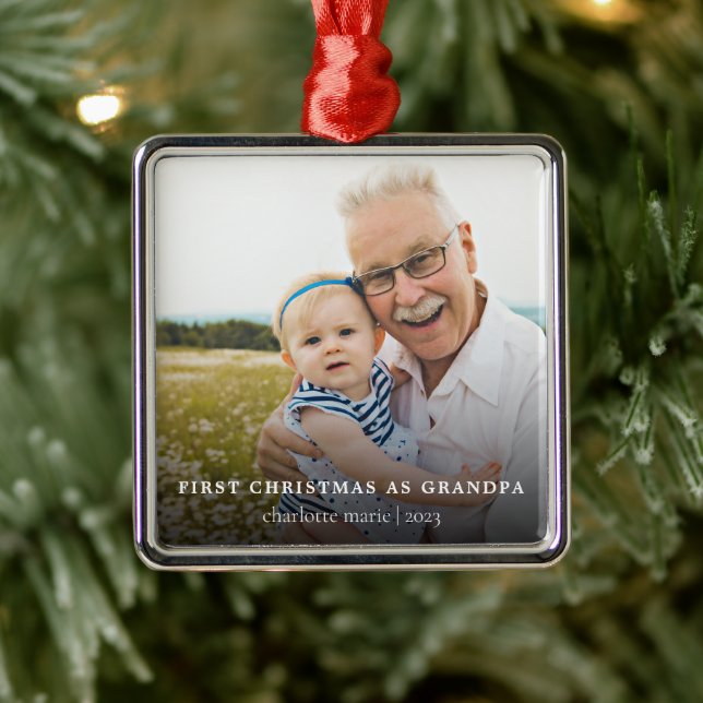 First Christmas As Grandpa Elegant Photo Holiday Metal Tree Decoration (Tree)