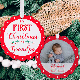 First Christmas as grandpa newborn baby photo Tree Decoration Card