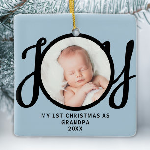 First Christmas As Grandpa Photo Joy Blue Black Ceramic Ornament
