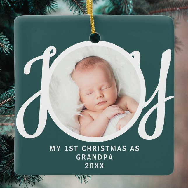 First Christmas As Grandpa Photo Keepsake Green Ceramic Ornament (Creator Uploaded)