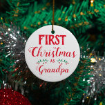First Christmas as Grandpa photo Ornament<br><div class="desc">This Christmas tree ornament is perfect to celebrate the first Christmas as a Grandfather. 
The caption reads "First Christmas as Grandpa" in modern red lettering on a white background. The back is easily customisable with the baby's picture,  with name and date of birth.</div>
