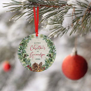 First Christmas as Grandpa Pine Wreath Birch Photo Ceramic Tree Decoration