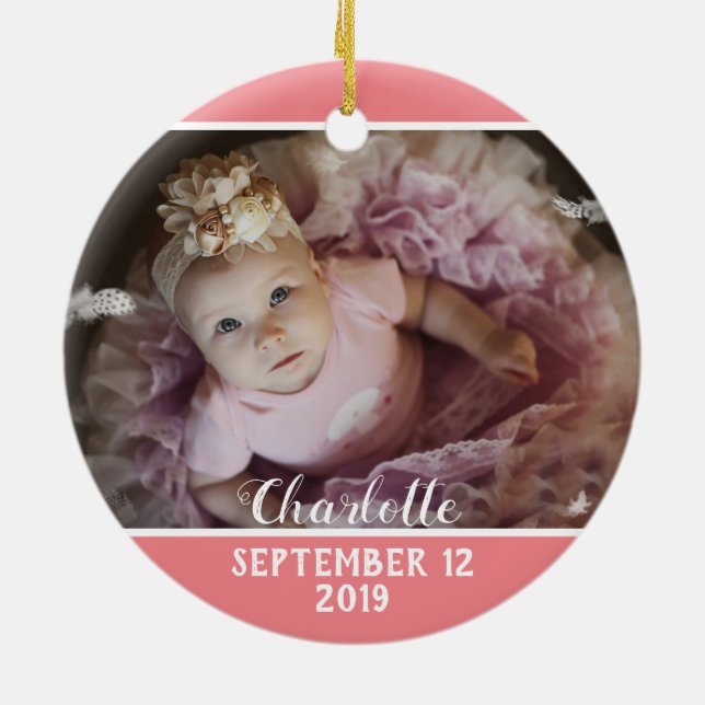 First Christmas as Grandpa pink with baby's photo Ceramic Tree Decoration (Back)