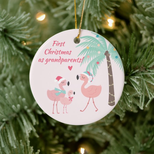 First Christmas as Grandparent Cute Santa Flamingo Ceramic Tree Decoration (Tree)