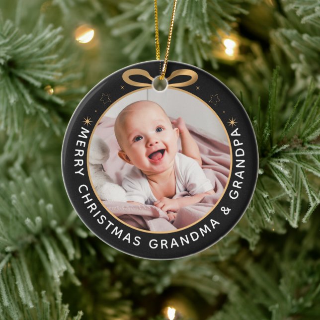 First Christmas as Grandparents Black Gold Photo Ceramic Tree Decoration (Tree)
