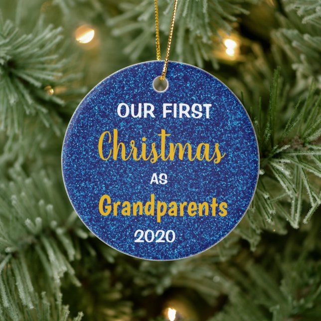 First Christmas as Grandparents Blue Glitter Photo Ceramic Tree Decoration (Tree)