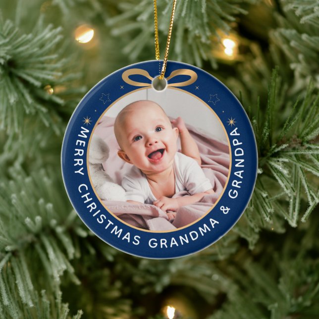 First Christmas as Grandparents Blue Gold Photo Ceramic Tree Decoration (Tree)