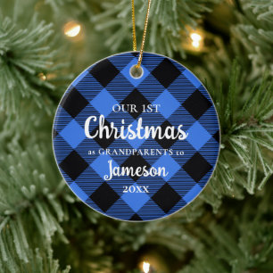 First Christmas as Grandparents Blue Plaid Photo Ceramic Tree Decoration