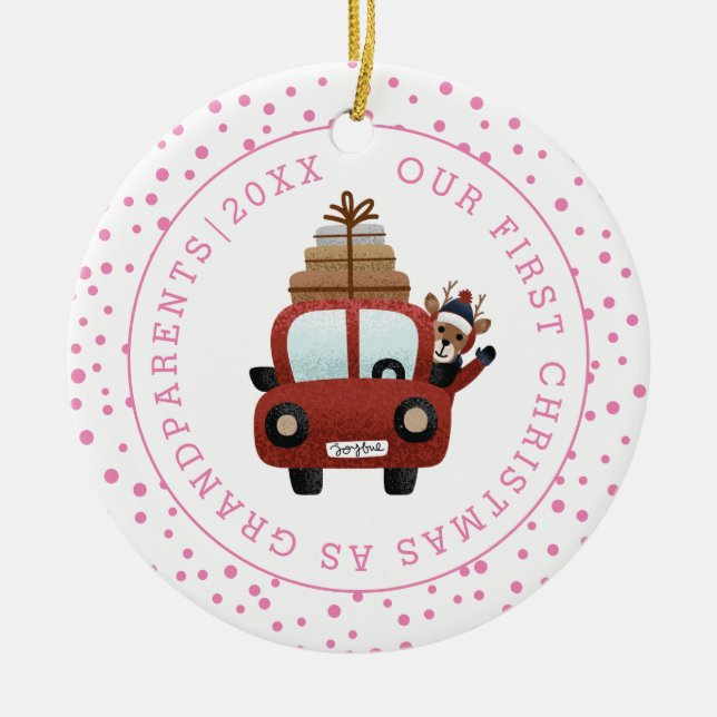 First Christmas as grandparents car and pink photo Ceramic Tree Decoration (Front)
