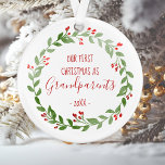 First Christmas as Grandparents Custom Baby Photo Ornament<br><div class="desc">This design features a watercolor Christmas wreath surrounding the words "Our 1st Christmas as Grandparents" and the year in whimsical red printing and handwriting fonts. Customise the reverse side with a favourite photo of your new grandchild,  encircled by the same wreath.</div>